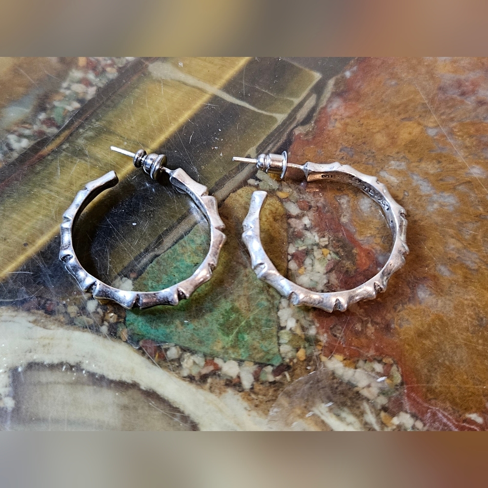 Vintage Mexico Sterling Silver 925 Taxco Bamboo Hoop Earrings